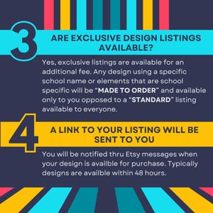 Pu&ograve; includere: Un grafico informativo con sfondo blu scuro e strisce verticali colorate. Presenta il numero 3 e il testo ARE EXCLUSIVE DESIGN LISTINGS AVAILABLE? seguito da dettagli sugli articoli su ordinazione. Il numero 4 mostra il testo A LINK TO YOUR LISTING WILL BE SENT TO YOU e informazioni sui messaggi Etsy.