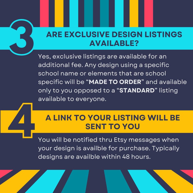 Pu&ograve; includere: Un grafico informativo con sfondo blu scuro e strisce verticali colorate. Presenta il numero 3 e il testo ARE EXCLUSIVE DESIGN LISTINGS AVAILABLE? seguito da dettagli sugli articoli su ordinazione. Il numero 4 mostra il testo A LINK TO YOUR LISTING WILL BE SENT TO YOU e informazioni sui messaggi Etsy.