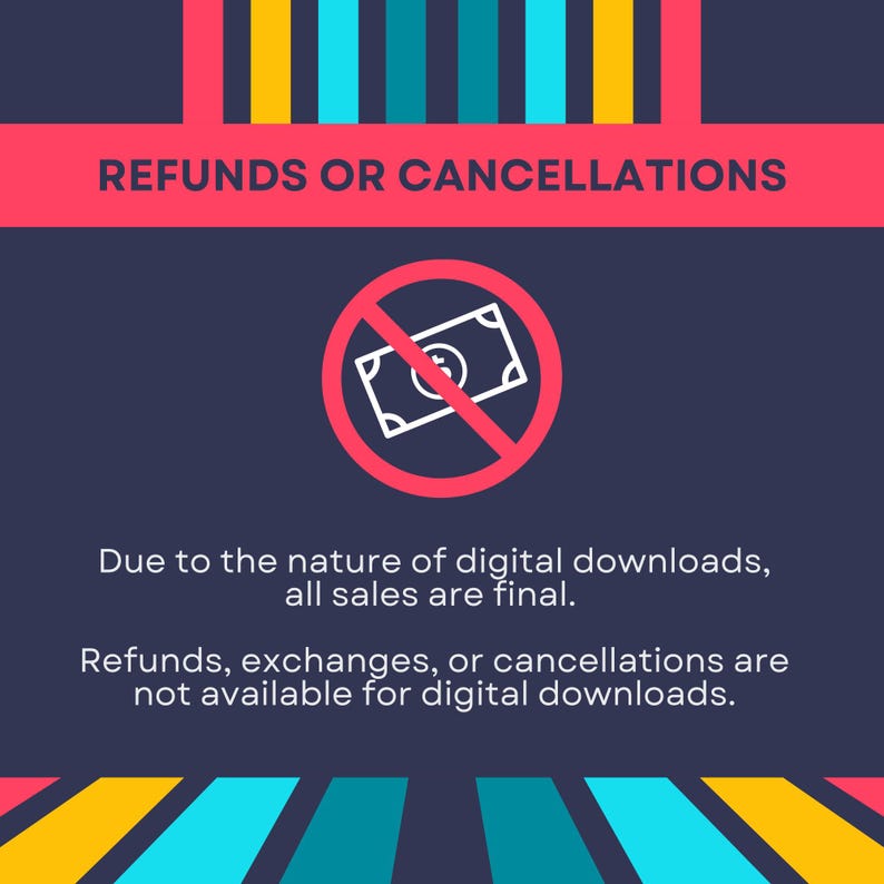 Pu&ograve; includere: Un cartello grafico blu scuro con una barra orizzontale rosa in alto e in basso con strisce verticali. Il testo recita REFUNDS OR CANCELLATIONS sopra un cerchio rosso con una linea diagonale attraverso l'icona di una banconota e la politica.