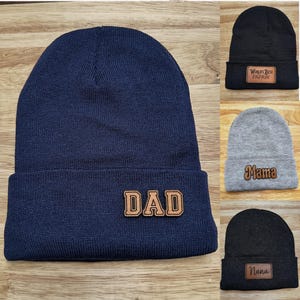 Custom Leather Patch Knit Cuffed Beanie for Men or Women, Personalized Beanie, Winter Hat, Toboggan, Custom Winter Hat, Logo Knit Beanie