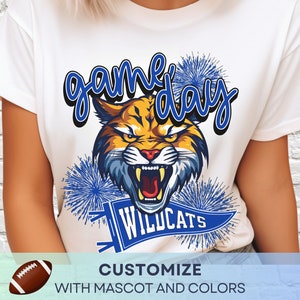 T-shirt de football personnalisé Wildcats le jour du match, T-shirt maman pom-pom girl, T-shirt mascotte de votre équipe, T-shirt esprit d'école de pom-pom girl, T-shirt sport maman