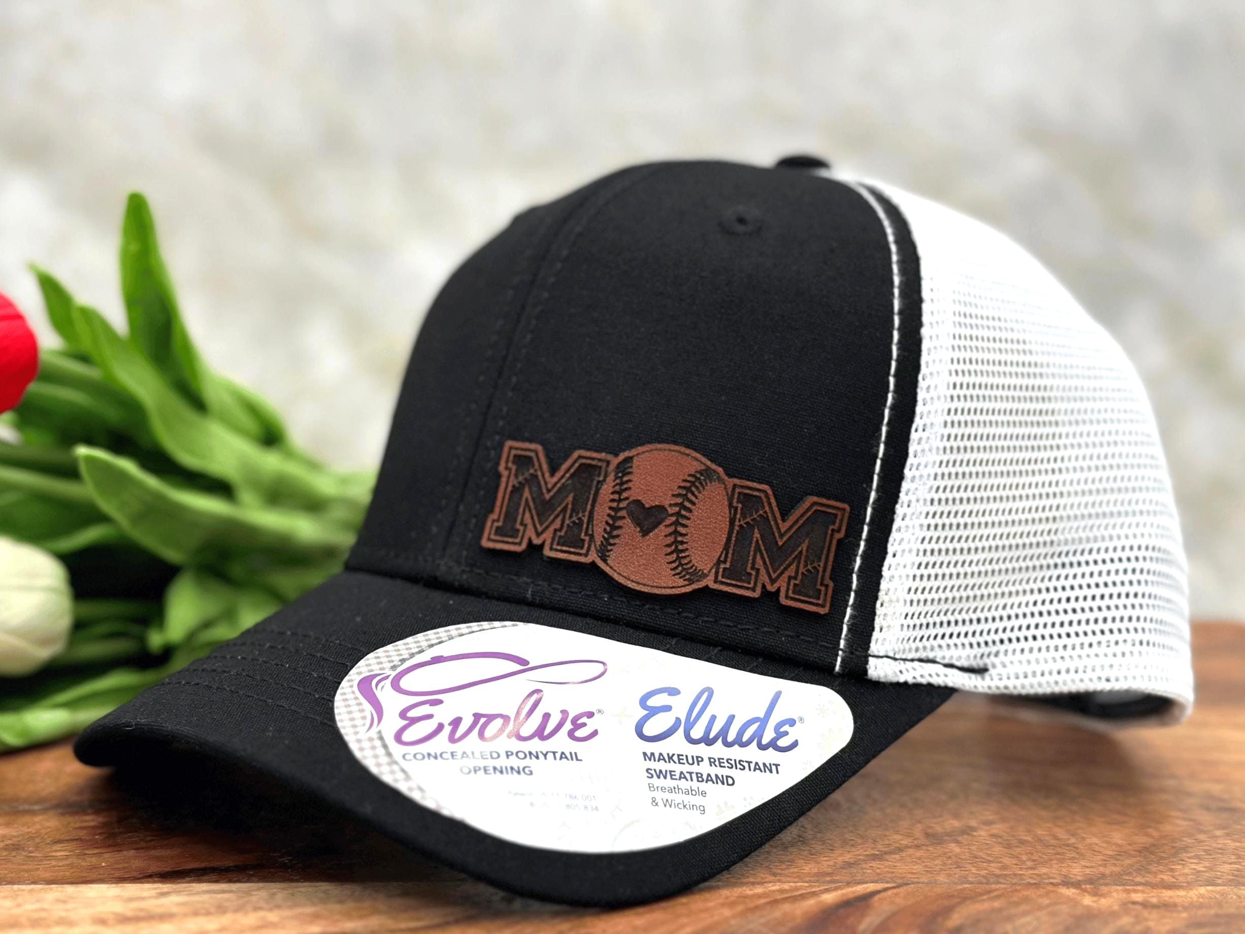 Baseball Mom Leather Patch Hat, Softball Mom Trucker Hat, Personalized Cap for Cheer Mom, Mother's Day Gift for Mom, Ponytail Hat for Summer