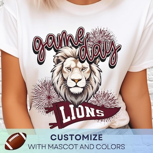 Custom Lions Game Day Football TShirt, Cheerleader Mom Tshirt, Your Team Mascot Tee, Cheerleading School Spirit Tee, Sports Mom Tee