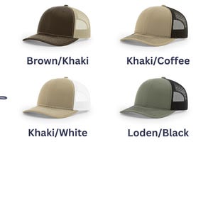 May include: Four trucker hats with mesh backs and solid front panels, labeled Choice of color. The color combinations are Brown/Khaki, Khaki/Coffee, Khaki/White, and Loden/Black. Each hat features a curved brim and a structured crown design.
