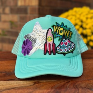 Girls Sequin Patch Trucker Hat: Space Rocket Snapback
