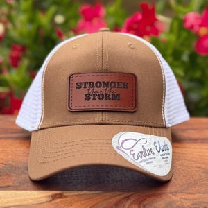 Christian Leather Patch Trucker Hat: Scripture Ponytail Cap, Stronger Than the Storm
