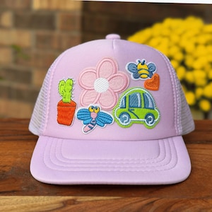 Applique Patch Trucker Hat for Baby with Cactus, Bee, and Flower Patches, Foam Mesh Snapback Toddler Trucker Hat for Girl