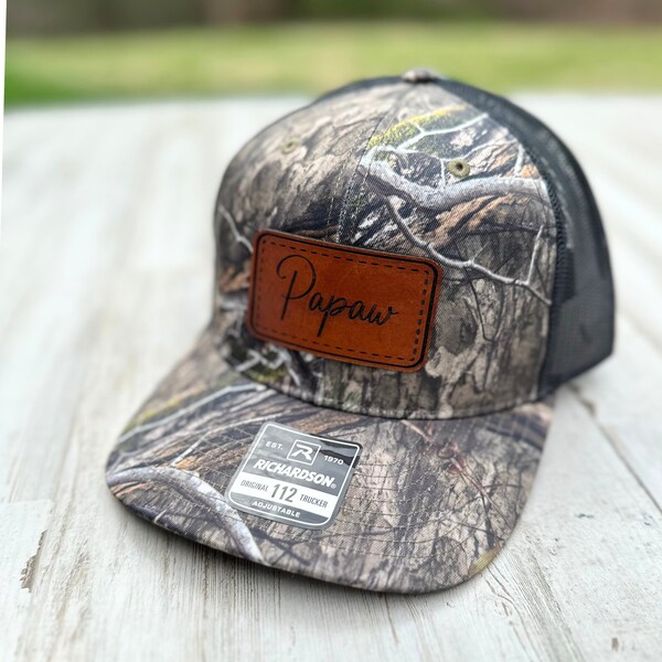 Custom Leather Patch Hat for Papaw Gift for Grandfather, Camo Hat for Hunter Papaw Fathers Day Gift for Dad Richardson 112 Hat for Fisherman