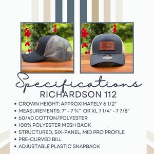 May include: A Richardson 112 trucker hat with a dark navy front, a brown leather patch embossed with the text WORLD'S BEST PAPAW, and a grey mesh back. The hat features a pre-curved bill, a six-panel structured design, and an adjustable plastic snapback.