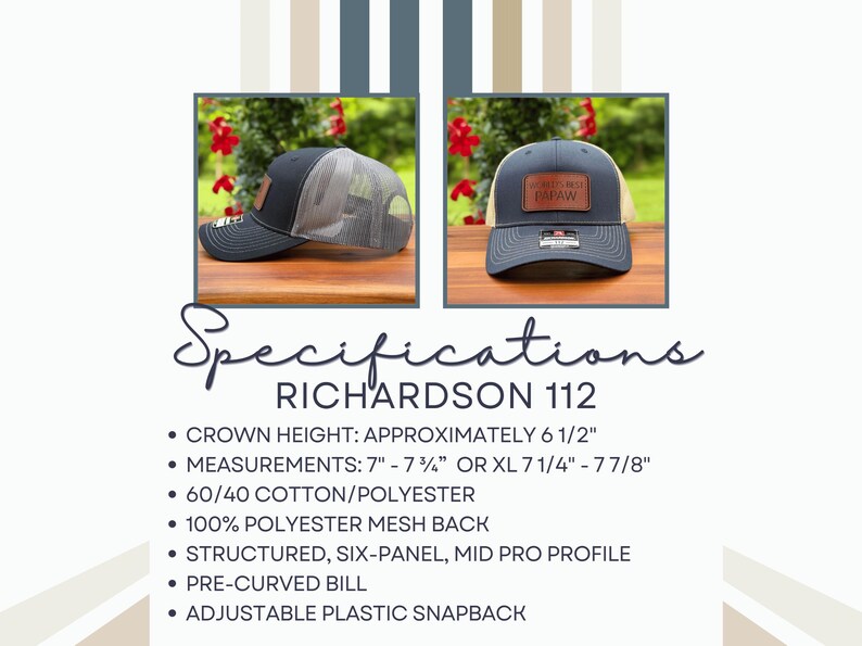 May include: A Richardson 112 trucker hat with a dark navy front, a brown leather patch embossed with the text WORLD'S BEST PAPAW, and a grey mesh back. The hat features a pre-curved bill, a six-panel structured design, and an adjustable plastic snapback.
