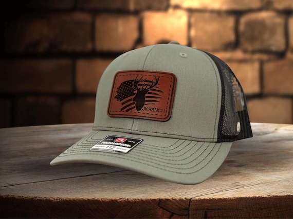 Custom Hat for Deer Hunter Leather Patch American Flag Hat Personalized Richardson 112 Hat for Deer Hunting Hat for Dad Gift for Hunter