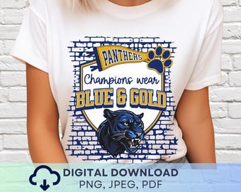 Descarga digital: Panteras azules y doradas PNG, mascota de las Panteras JPEG, gráfico de equipo favorito, día del juego con espíritu escolar PNG para maestros