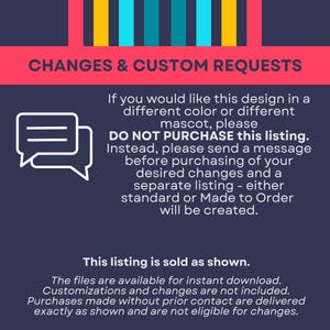 Pu&ograve; includere: Un grafico informativo blu scuro con un'intestazione rosa che recita CHANGES & CUSTOM REQUESTS. Include un'icona a forma di fumetto bianco e un testo che spiega che le richieste di personalizzazione richiedono un messaggio prima dell'acquisto, poich&eacute; questo articolo &egrave; venduto cos&igrave; com'&egrave; per il download immediato.
