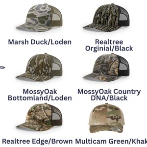 May include: Six trucker hats with various camouflage patterns and solid color mesh backs. The text Choice of color is displayed vertically on the left. The labels include Marsh Duck/Loden, Realtree Original/Black, MossyOak Bottomland/Loden, MossyOak Country DNA/Black, Realtree Edge/Brown, and Multicam Green/Khaki.