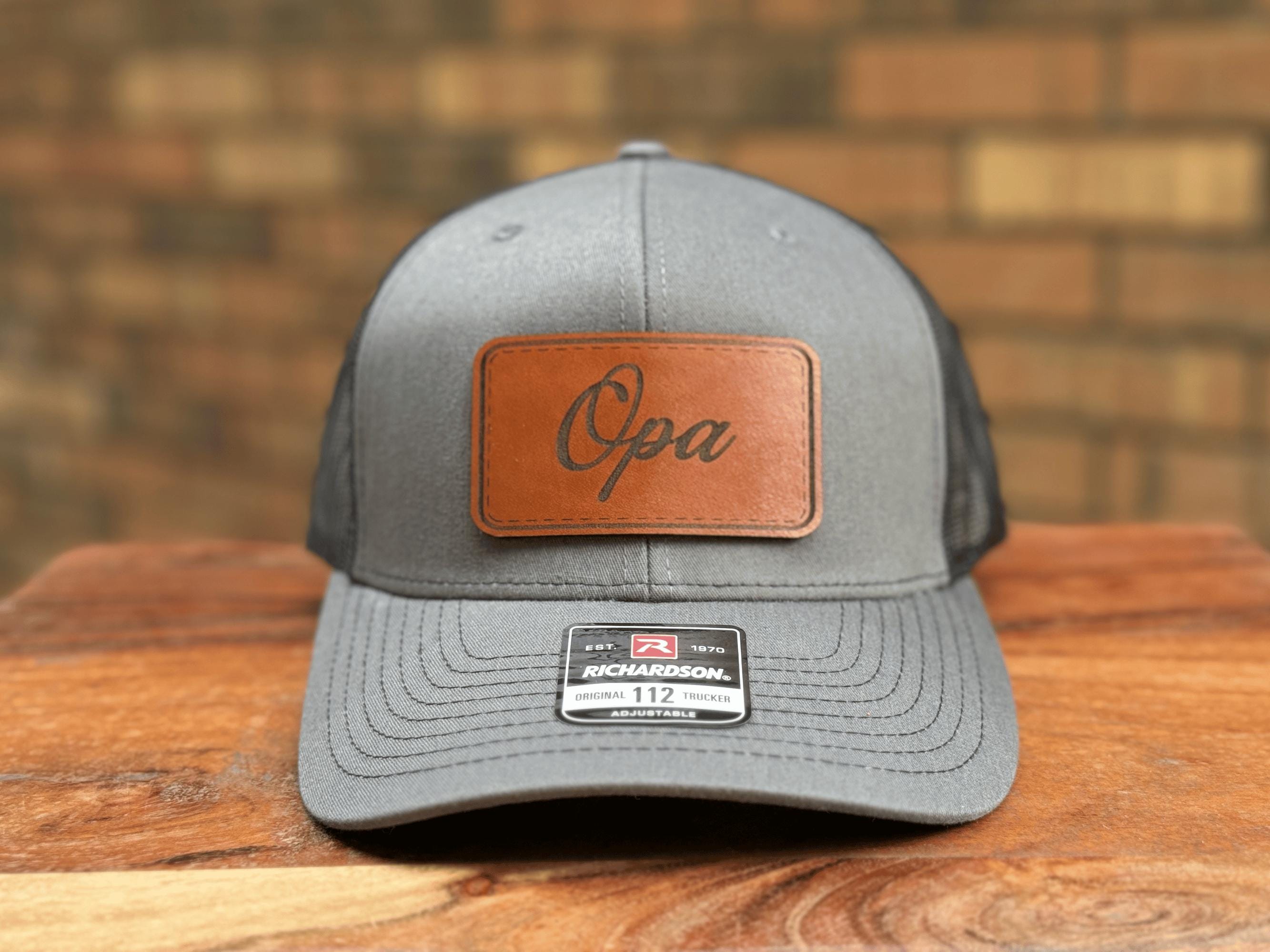 Custom Opa Richardson 112 Hat, Personalized Leather Patch Trucker Hat, Father's Day Gift from Grandkids, Custom Engraved Hat for Grandpa