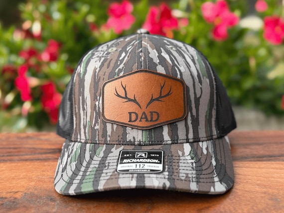 Custom Richardson Hat for Deer Hunter, Leather Patch Antlers with Personalization, Camo Deer Hunting Hat for Dad