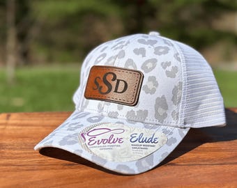 Women&#39;s Custom Leather Monogram Patch Trucker Hat Personalized Initials Cap for Her, Ponytail Hat for Bride or Bridesmaid Gift