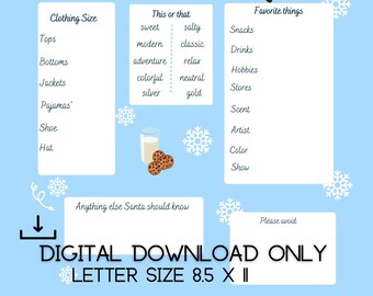 Puede incluir: Un cuestionario imprimible de Secret Santa con un dibujo animado de Papá Noel sosteniendo un regalo y colgando luces de Navidad. El cuestionario pide tallas de ropa, cosas favoritas y otra información. El texto "DIGITAL DOWNLOAD ONLY LETTER SIZE 8.5 X II" está en la parte inferior de la página.