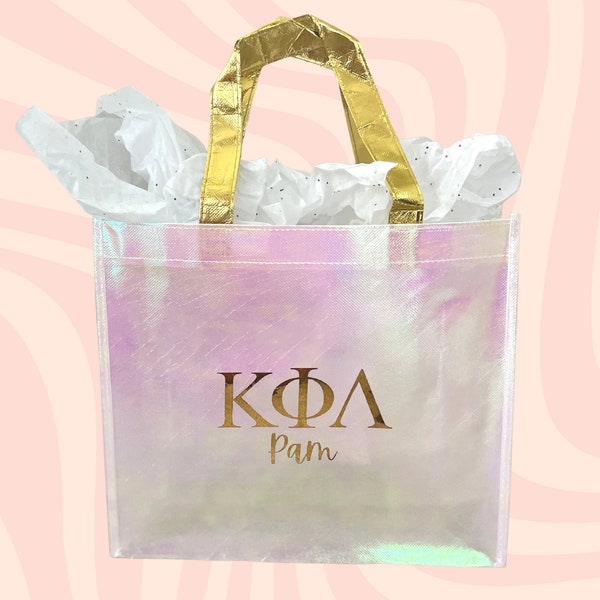 Sorority Greek Letter Reusable Tote Bag, Personalized Sorority Bag, Big Little Gift Bag, Sorority Gift, Iridescent Gift Bag Names