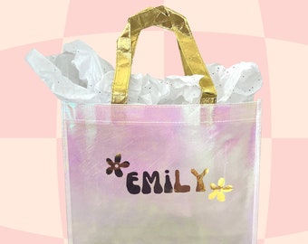 Benutzerdefinierte irisierende Geschenktasche / Geburtstagsgeschenktasche / Junggesellinnenabschied-Welcome-Party-Tasche / personalisierte Mädchentaschen / Brautjungfer-Tasche / holographische Geschenktasche