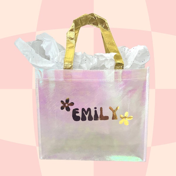 Custom Iridescent Gift Bag/ Birthday Gift Bag/Bachelorette Welcome Party Bag/Personalized Girl Bags/Bridesmaid Bag/Holographic Gift Bag