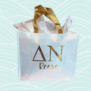 Bolsa de asas reutilizable con letras griegas de hermandad, bolsa de hermandad personalizada, bolsa de regalo pequeña grande, regalo de hermandad, nombres de bolsas de regalo iridiscentes