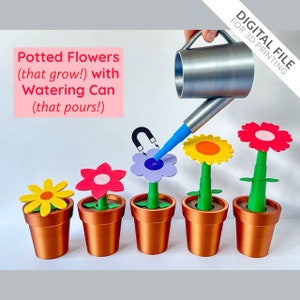 Könnte beinhalten: Fünf Topfpflanzen mit bunten Blüten und grünen Stielen. Eine blaue Gießkanne mit einem Magneten am Ausguss gießt die lila Blume. Der Text "Potted Flowers (that grow!) with Watering Can (that pours!)" befindet sich oben links. Der Text "DIGITAL FILE FOR 3D PRINTING" befindet sich oben rechts.