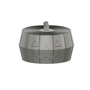 Pu&ograve; includere: Un contenitore a forma di zucca di colore grigio stampato in 3D con un viso di zucca intagliato. Il contenitore ha una superficie testurizzata e rigata.