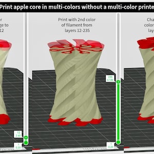 May include: A visual guide on how to print an apple core in multiple colors using a 3D printer. The image shows a step-by-step process, with text instructions and 3D model visualizations. The model is beige with red accents.