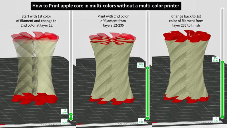 May include: A visual guide on how to print an apple core in multiple colors using a 3D printer. The image shows a step-by-step process, with text instructions and 3D model visualizations. The model is beige with red accents.
