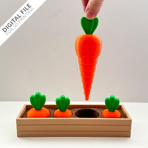 May include: A wooden box with three carrot-shaped toys and one empty space. The carrots are orange with green tops. One carrot is held above the box.