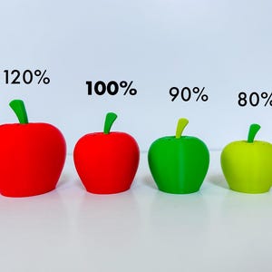 May include: Four apple-shaped objects in varying sizes and colors, each with a green stem. The apples are red, red, green, and yellow-green, with percentages above them: 120%, 100%, 90%, and 80%.