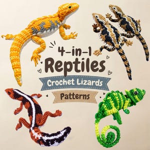 Op de afbeelding: Vier gehaakte hagedisfiguren in gele, bruine, zwarte en groene patronen. De tekst 4-in-1 Reptiles Crochet Lizards Patterns staat in het midden tussen de figuren. Elke hagedis heeft duidelijke kleurmarkeringen en een gehaakte textuur.