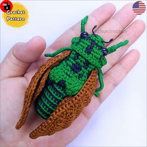 May include: A handmade crochet cicada in green and black with brown wings. The insect has black bead eyes and is held in a hand. The image includes the text "Crochet Pattern".
