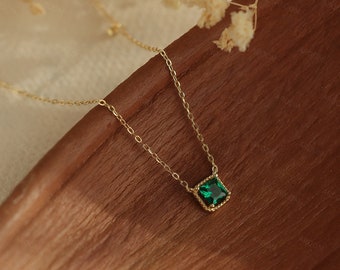 Vintage Square Emerald Cz Necklace In 18K Gold - Handmade Jewelry - May Birthstone - Birthday Gift for Mom - Anniversary Gift