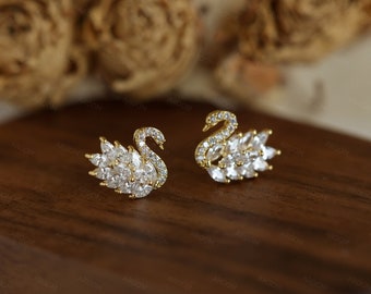 Delicate Diamond Swan Earrings - Swan Diamond Studs in Gold - Best Friend Gift - Elegant Bridesmaid Earrings - Gift for Her