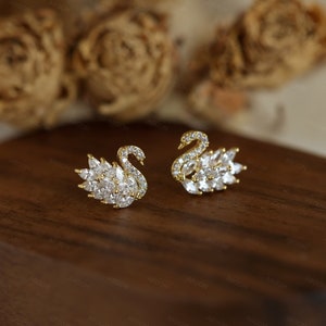 Delicate Diamond Swan Earrings - Swan Diamond Studs in Gold - Best Friend Gift - Elegant Bridesmaid Earrings - Gift for Her