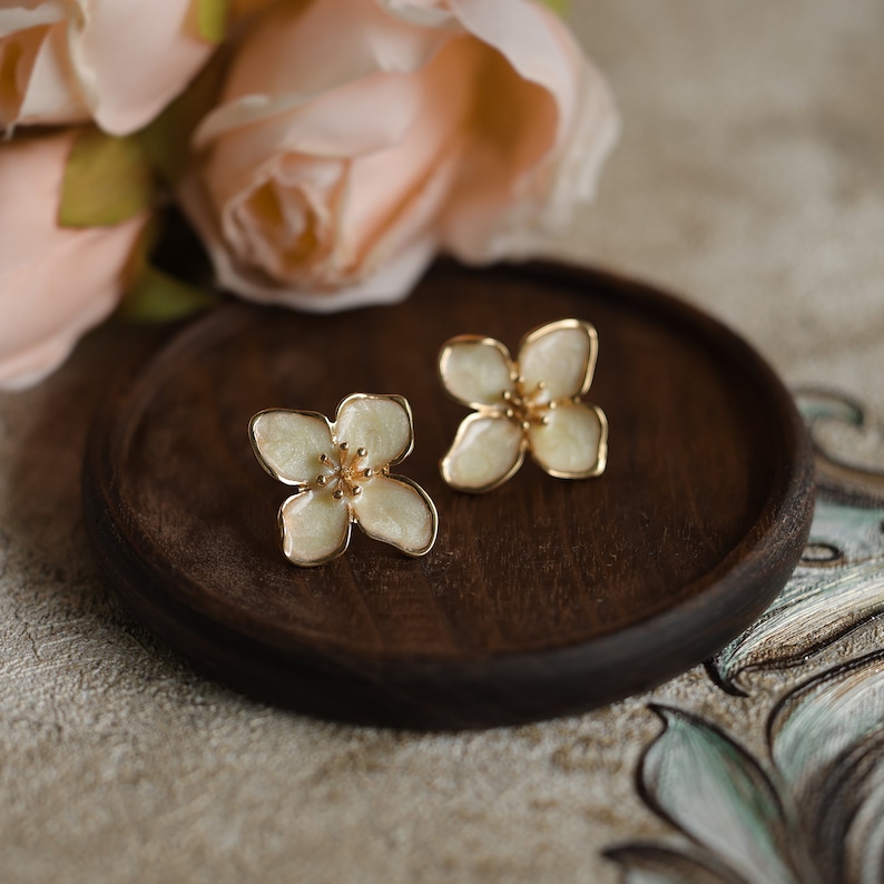 Delicate French Style Flower Stud Earrings, Elegant Bridesmaid Earrings, Best Friend Gift, Floral Earrings for women, Gold Blossom Earrings image 1