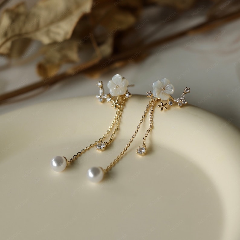 Delicate White Flower Pearl Dangle Earrings in 18k gold Floral Mother of Pearl Earrings Bridesmaid Gift for Her Dainty Earrings image 7