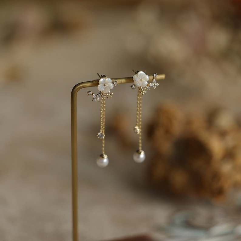Delicate White Flower Pearl Dangle Earrings in 18k gold Floral Mother of Pearl Earrings Bridesmaid Gift for Her Dainty Earrings image 1