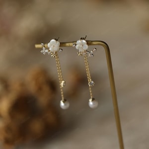 Delicate White Flower Pearl Dangle Earrings in 18k gold Floral Mother of Pearl Earrings Bridesmaid Gift for Her Dainty Earrings image 5