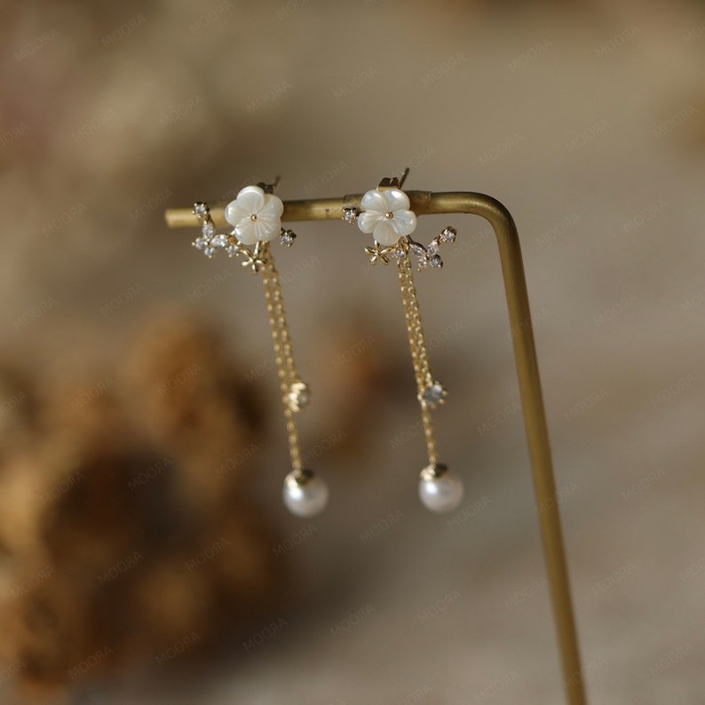 Delicate White Flower Pearl Dangle Earrings in 18k gold Floral Mother of Pearl Earrings Bridesmaid Gift for Her Dainty Earrings image 5