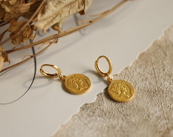 Classic sculpture Vintage Coin Drop Hoop Earrings in gold, Ancient Greek Style Coin Earring, Stackable Hoop Earring,Prefect Gift for her