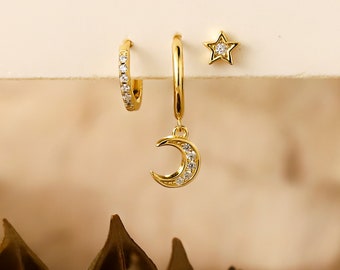 Delicate Asymmetrical Star & Moon Earring Set - Best Friend's Gift - 925 Sterling Silver Earring Set - Gold Celestial Earring - Gift For Her