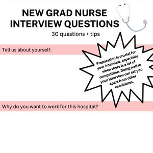 Puede incluir: Un gráfico rosa y blanco con el texto "NEW GRAD NURSE INTERVIEW QUESTIONS 30 questions + tips". El gráfico incluye tres preguntas: "Cuéntanos sobre ti.", "¿Por qué quieres trabajar en este hospital?", y "¿Qué sabes sobre la misión y los valores de esta organización?" Hay un bocadillo de diálogo con el texto "La preparación es crucial para tu entrevista, especialmente cuando hay mucha competencia. Hacerlo bien en tu entrevista puede diferenciarte de otros candidatos."