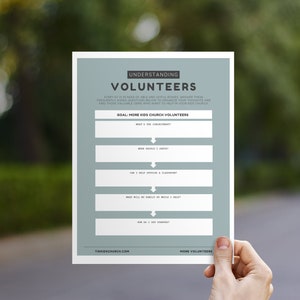 May include: A light blue printable worksheet titled "Understanding Volunteers" with the goal "More Kids Church Volunteers". The worksheet includes a series of questions to help potential volunteers understand their commitment, what they should serve, how they can help, what their family can do while they help, and how they can get started.