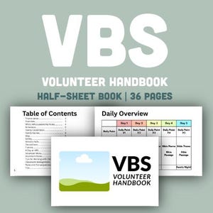 以下が含まれることがあります： 上部に白い文字で「VBS」と書かれたターコイズ色のグラフィック。下には「VOLUNTEER HANDBOOK」と「HALF-SHEET BOOK | 36 PAGES」と書かれています。画像には目次と毎日の概要チャートが含まれています。小さな画像はハンドブックの表紙を示しています。