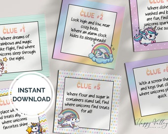 Unicorn Scavenger Hunt for Kids: 30 Editable Clues (Instant Download)