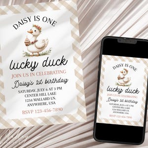 One Lucky Duck Birthday Invitation, One Lucky Duck Invitation Printable, One Lucky Duck Birthday Decor, Duck 1st Birthday | IN-DUCK6