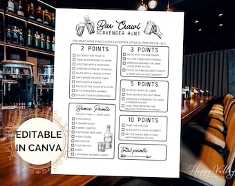 Op de afbeelding: Een printbare bar crawl-speurtochtchecklist met een zwart-wit ontwerp. De checklist bevat taken om te voltooien in verschillende bars, zoals een selfie maken met de barman, een biertje betalen met wisselgeld en een telefoonnummer van een vreemde krijgen. De checklist bevat ook bonuspunten voor het verzamelen van items zoals een tandenstoker, een suikerzakje en een onderzetter.